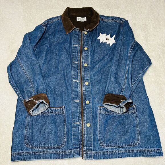 VTG 1X Jean Jacket Corduroy Collar Trim Appliqué Birdhouse Tree Stars Chore Barn - Picture 1 of 16